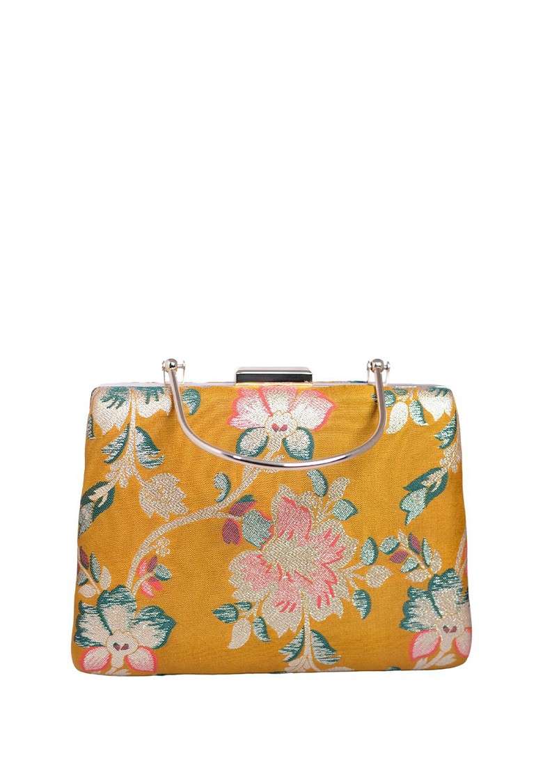 Yellow Satin Floral Embroidered Brocade Box Clutch - Indya