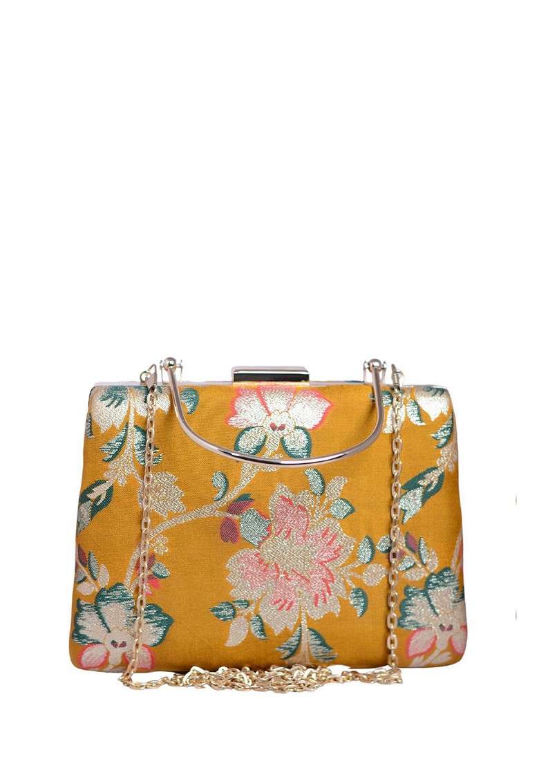 Yellow Satin Floral Embroidered Brocade Box Clutch - Indya