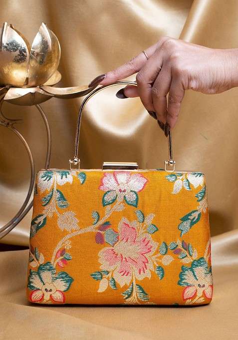 Yellow Satin Floral Embroidered Brocade Box Clutch