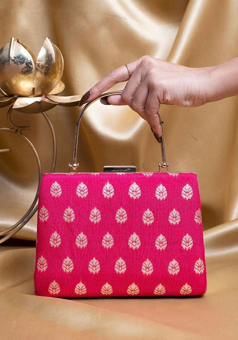 Pink Satin Floral Embroidered Brocade Box Clutch