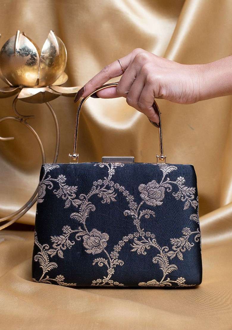 Blue Satin Floral Embroidered Brocade Box Clutch - Indya