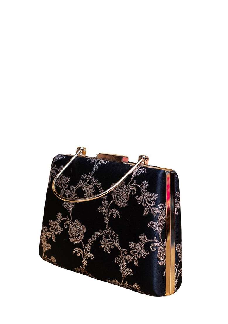 Blue Satin Floral Embroidered Brocade Box Clutch - Indya