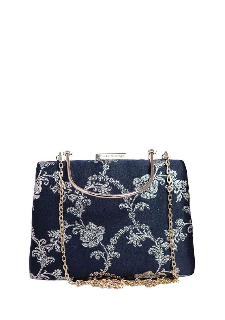 Blue Satin Floral Embroidered Brocade Box Clutch - Indya