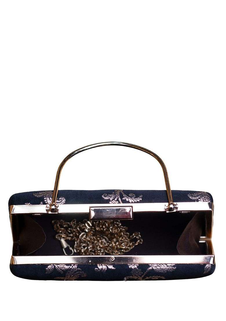 Blue Satin Floral Embroidered Brocade Box Clutch - Indya
