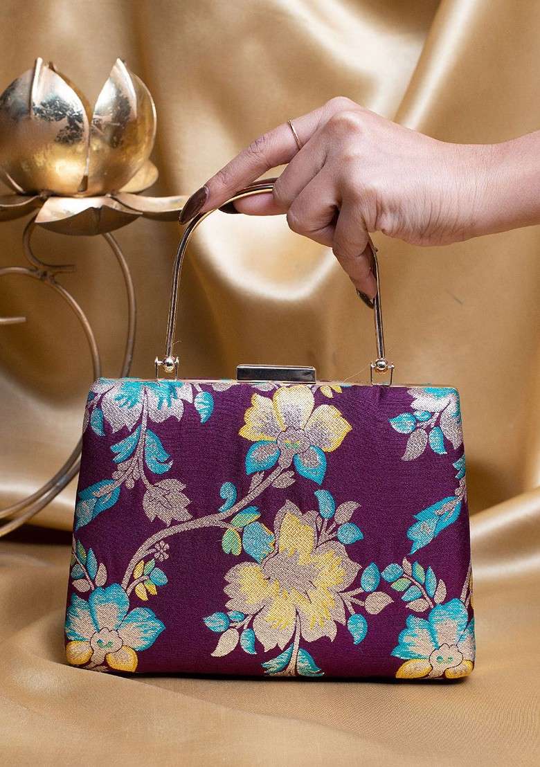 Purple Satin Floral Embroidered Brocade Box Clutch - Indya