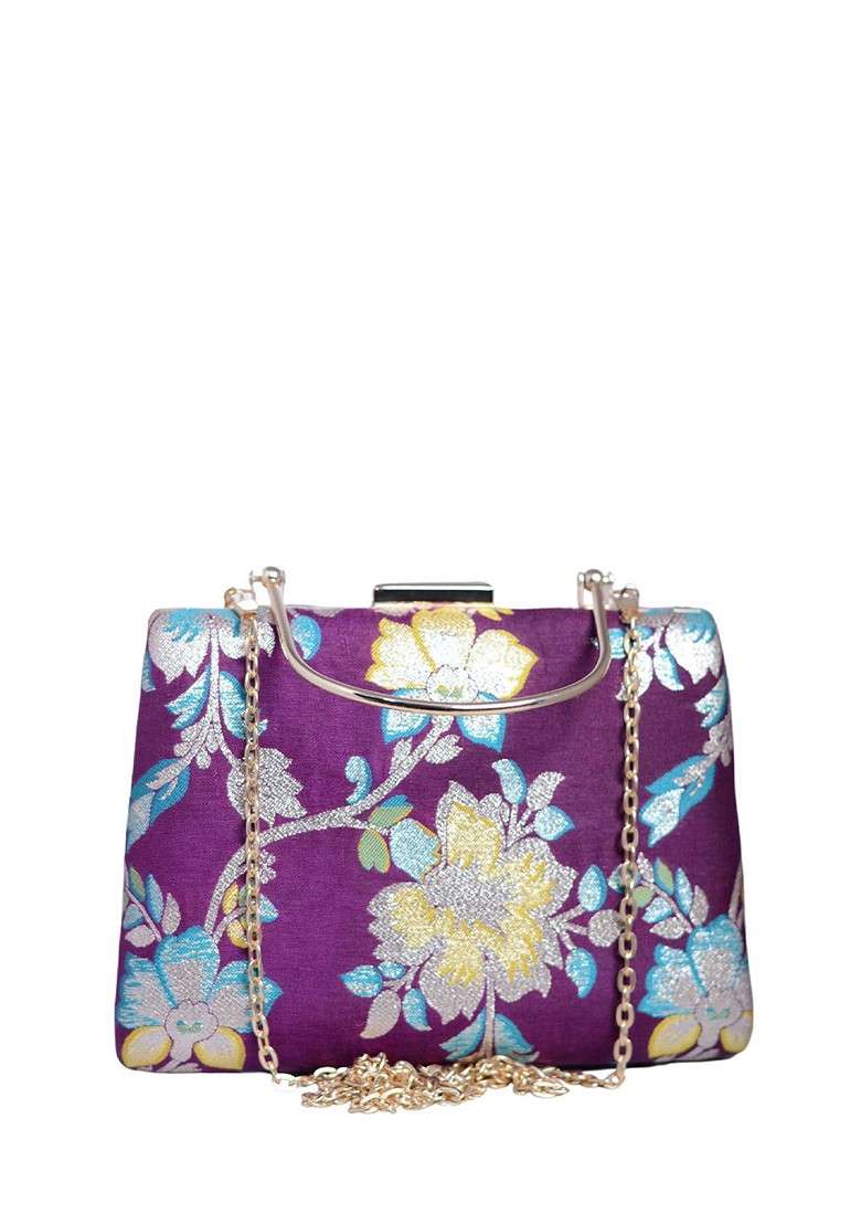 Purple Satin Floral Embroidered Brocade Box Clutch - Indya