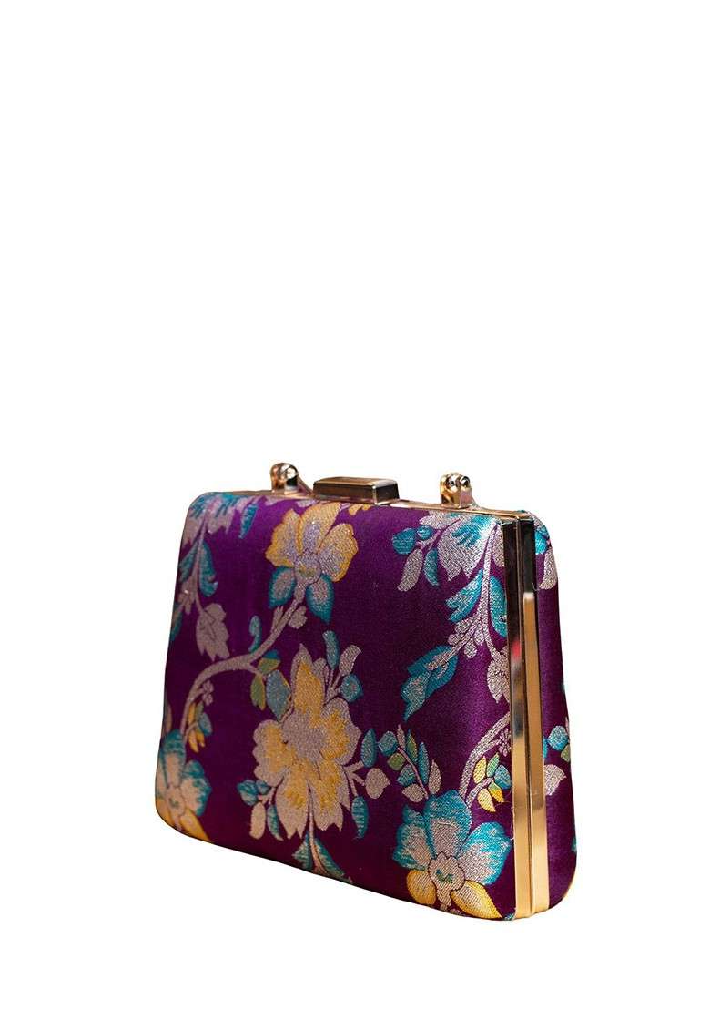 Purple Satin Floral Embroidered Brocade Box Clutch - Indya