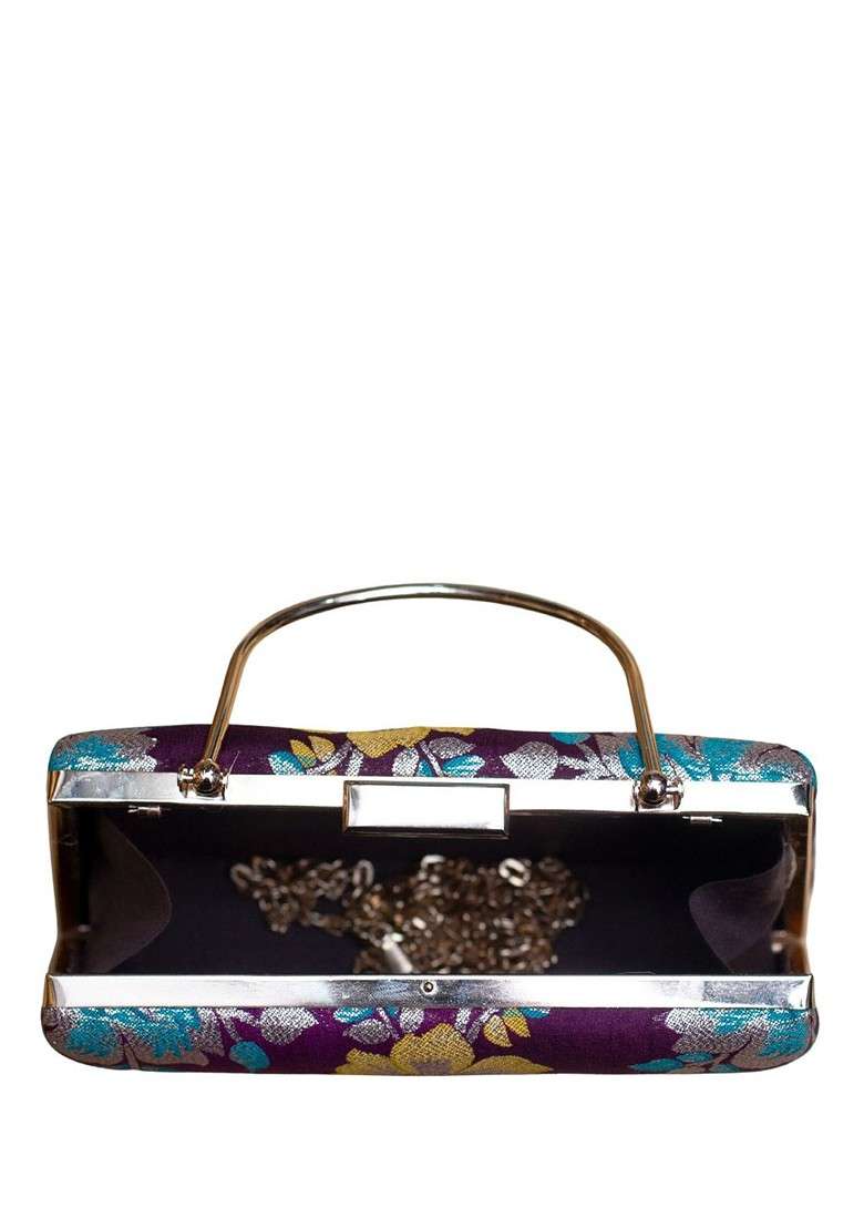 Purple Satin Floral Embroidered Brocade Box Clutch - Indya