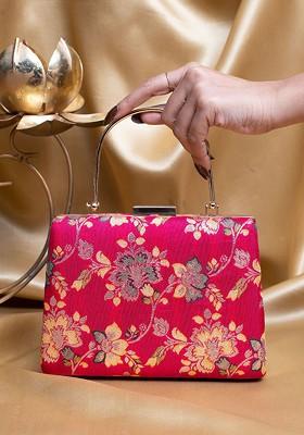 Pink Satin Floral Embroidered Brocade Box Clutch