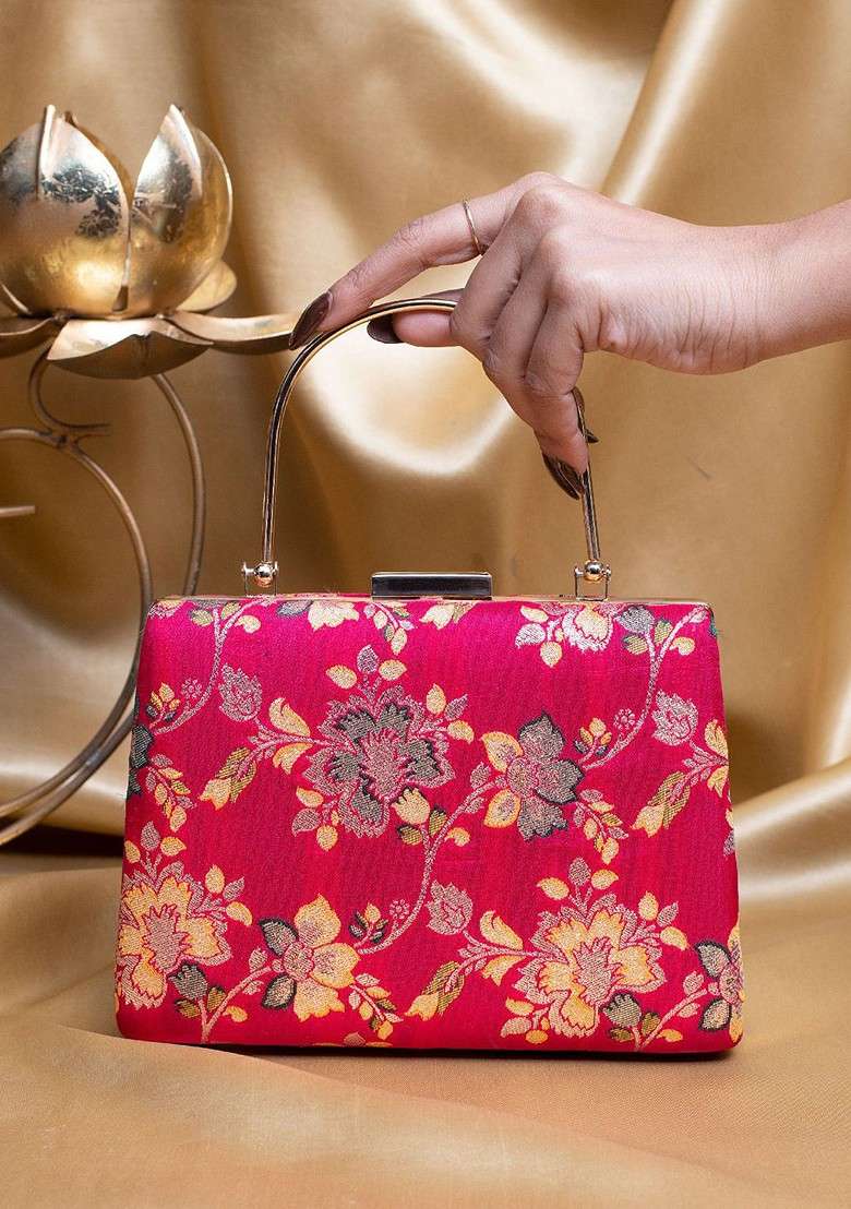 Pink Satin Floral Embroidered Brocade Box Clutch - Indya