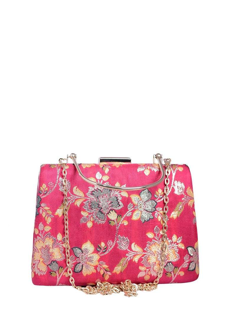 Pink Satin Floral Embroidered Brocade Box Clutch - Indya