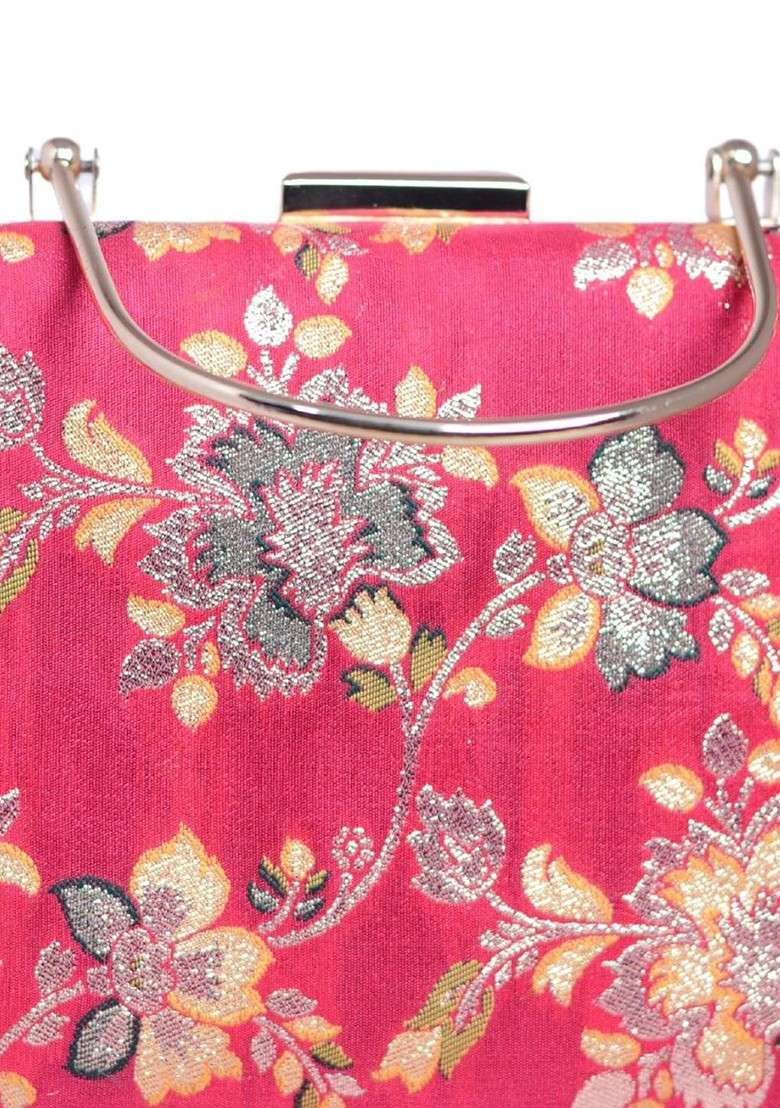 Pink Satin Floral Embroidered Brocade Box Clutch - Indya