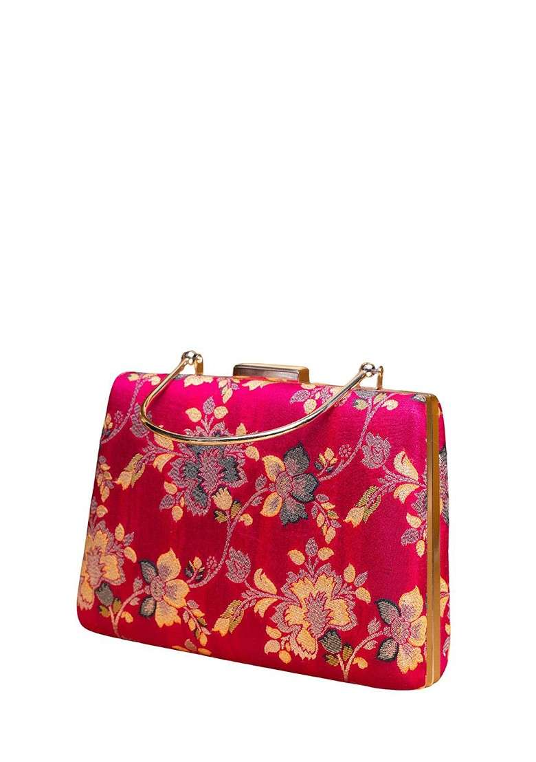 Pink Satin Floral Embroidered Brocade Box Clutch - Indya