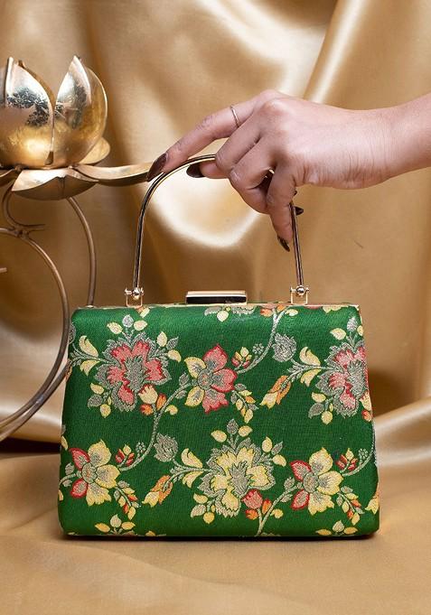 Green Satin Floral Embroidered Brocade Box Clutch