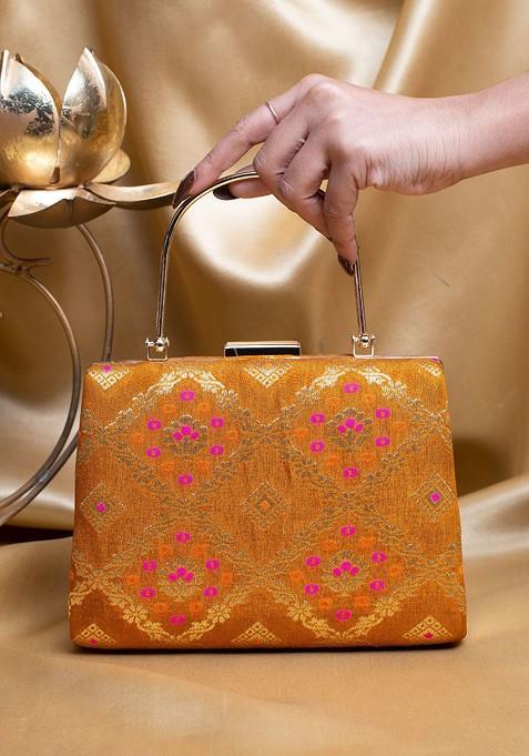 Mustard Satin Floral Embroidered Brocade Box Clutch