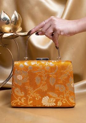 Mustard Satin Floral Embroidered Brocade Box Clutch