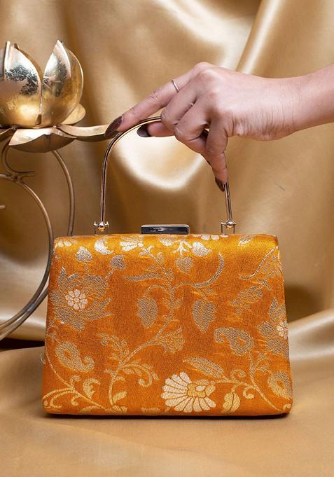 Mustard Satin Floral Embroidered Brocade Box Clutch