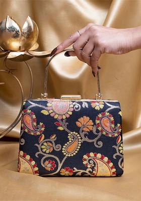 Blue Satin Floral Embroidered Brocade Box Clutch