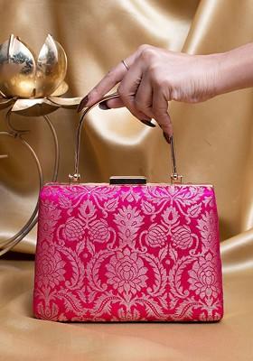 Pink Fabric Ethnic Printed Brocade Box Clutch
