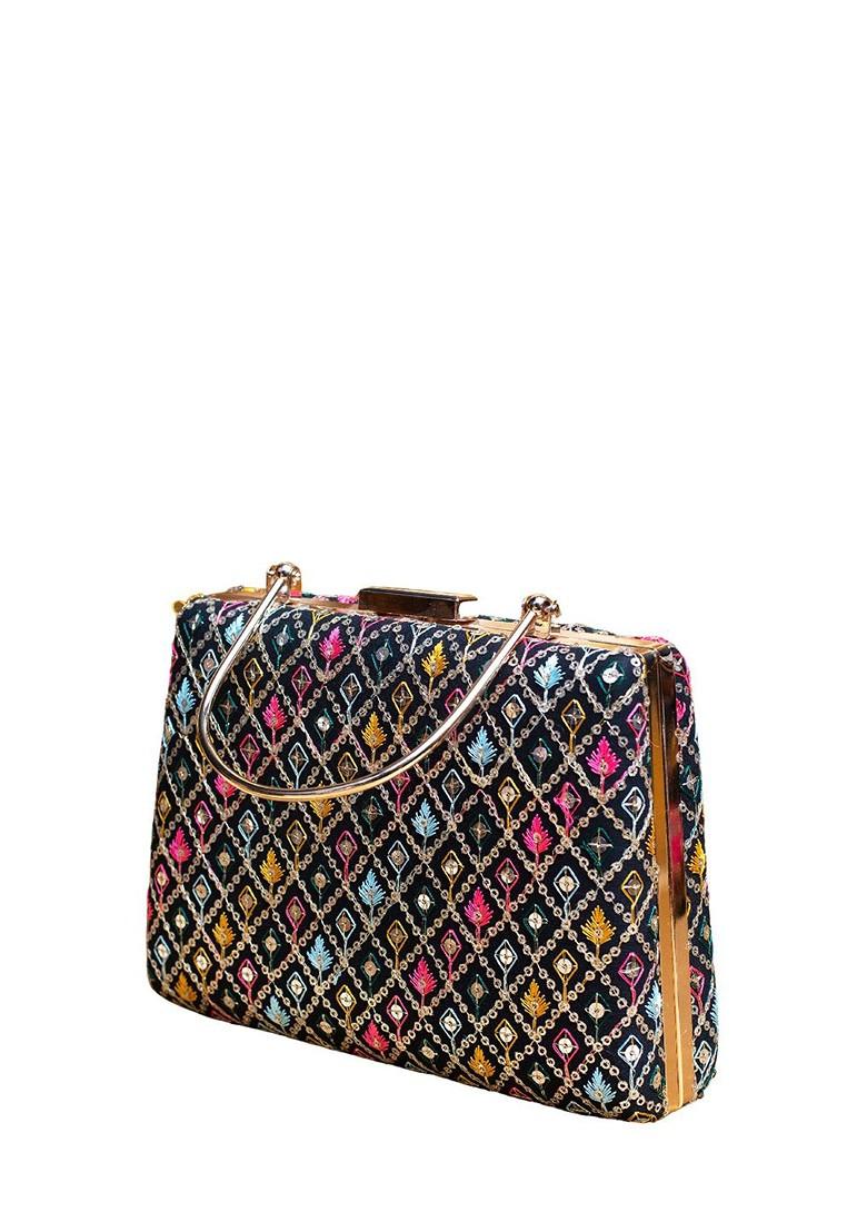 Black Satin Floral Embroidered Thread Work And Sequinned Box Clutch - Indya