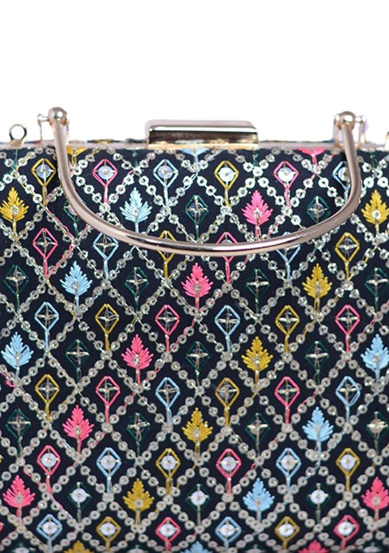 Black Satin Floral Embroidered Thread Work And Sequinned Box Clutch - Indya