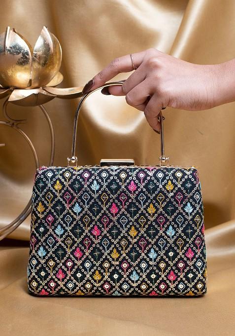 Black Satin Floral Embroidered Thread Work And Sequinned Box Clutch