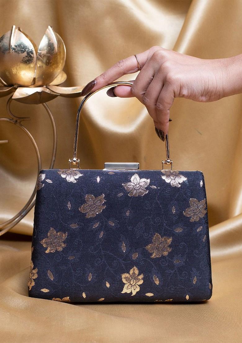 Blue Satin Floral Embroidered Brocade Box Clutch - Indya