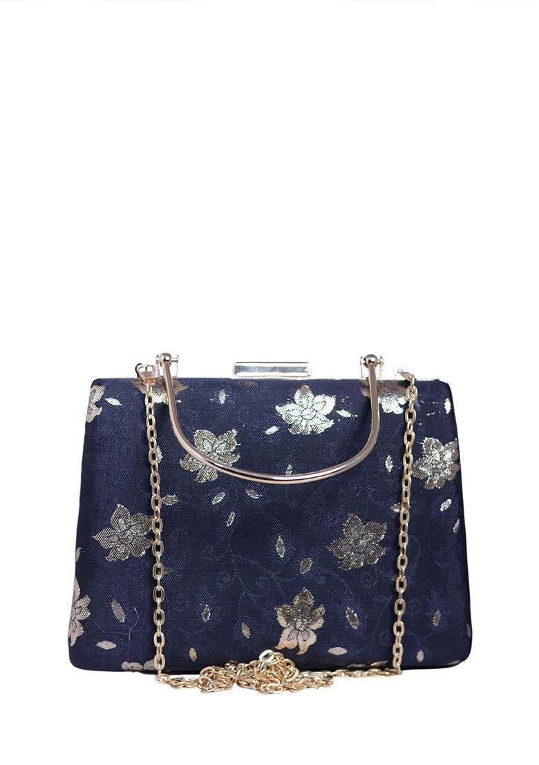 Blue Satin Floral Embroidered Brocade Box Clutch - Indya