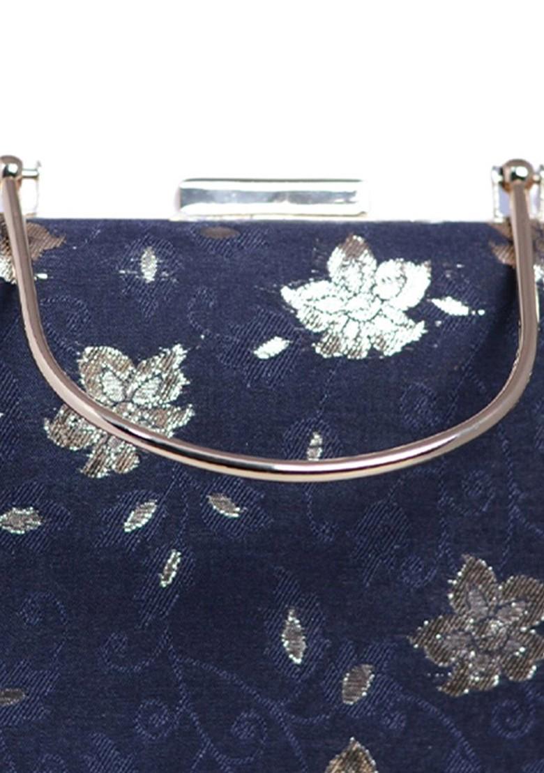 Blue Satin Floral Embroidered Brocade Box Clutch - Indya