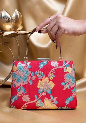 Red Fabric Floral Printed Brocade Box Clutch