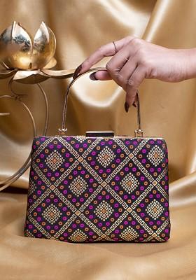 Black Satin Geomertic Embroidered Brocade Box Clutch