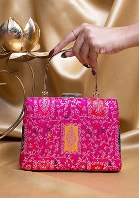 Pink Satin Embroidered Box Clutch
