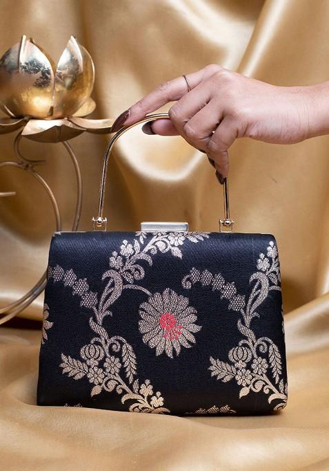 Black Satin Floral Embroidered Brocade Box Clutch