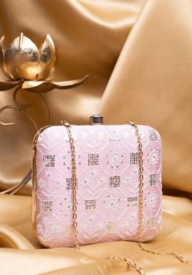 Pink Satin Threadwork Embroidered Box Clutch With Sling Chain