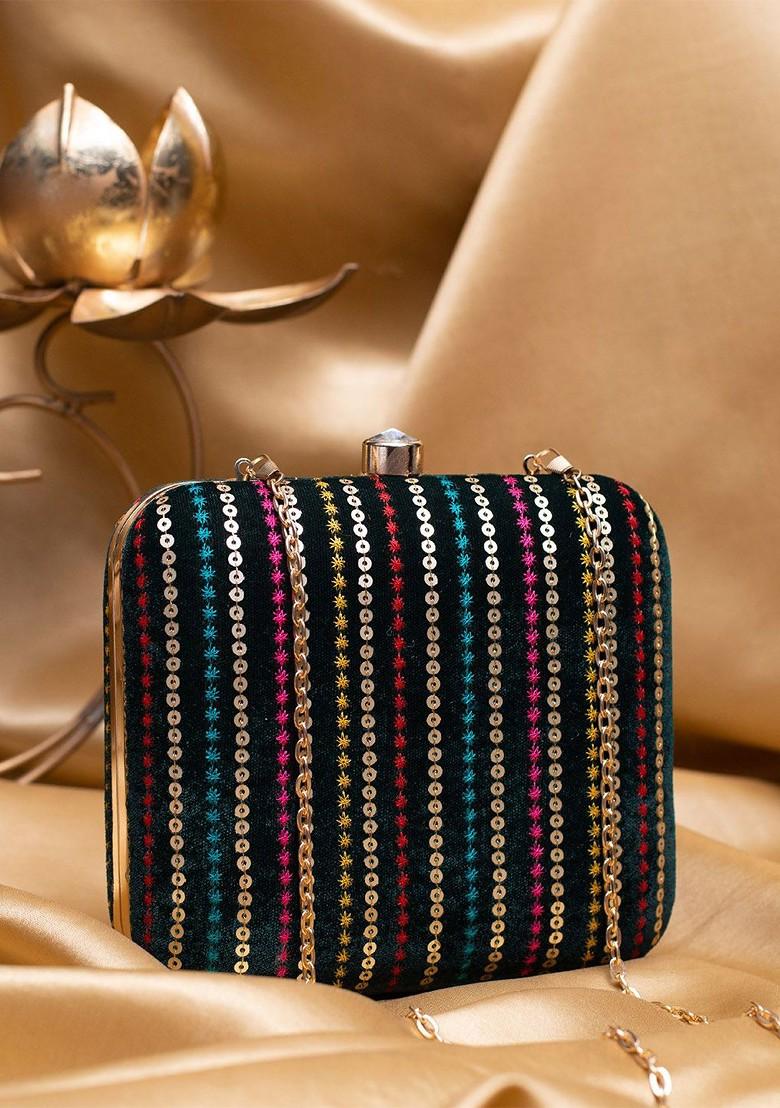 Green Satin Thread And Sequins Embroidered Box Clutch - Indya