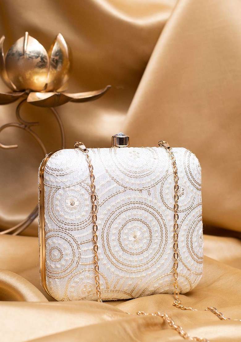 White Satin Sequins Pattern Embroidered Box Clutch - Indya