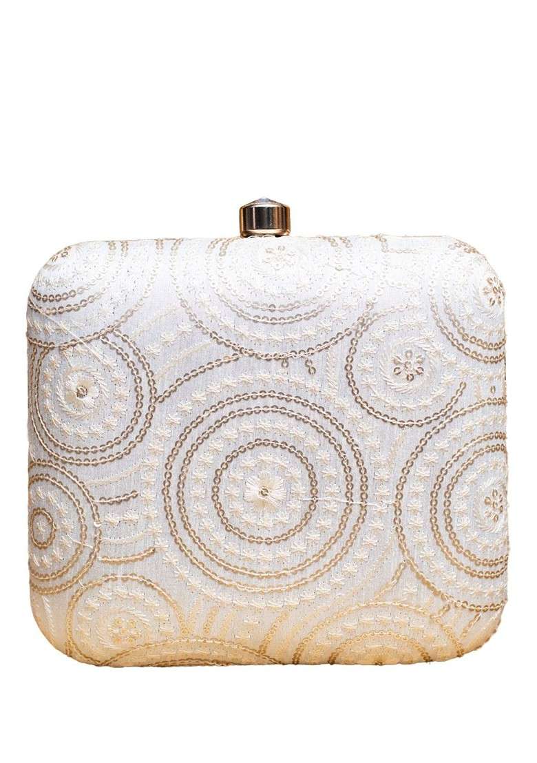 White Satin Sequins Pattern Embroidered Box Clutch - Indya