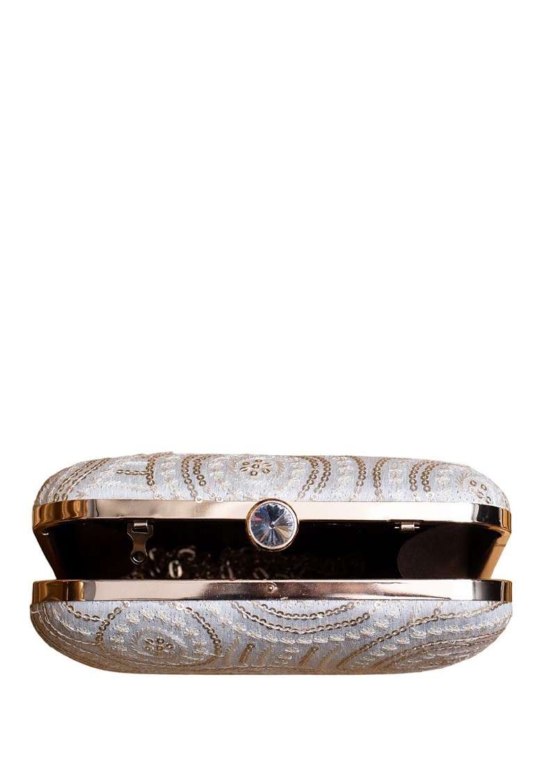 White Satin Sequins Pattern Embroidered Box Clutch - Indya