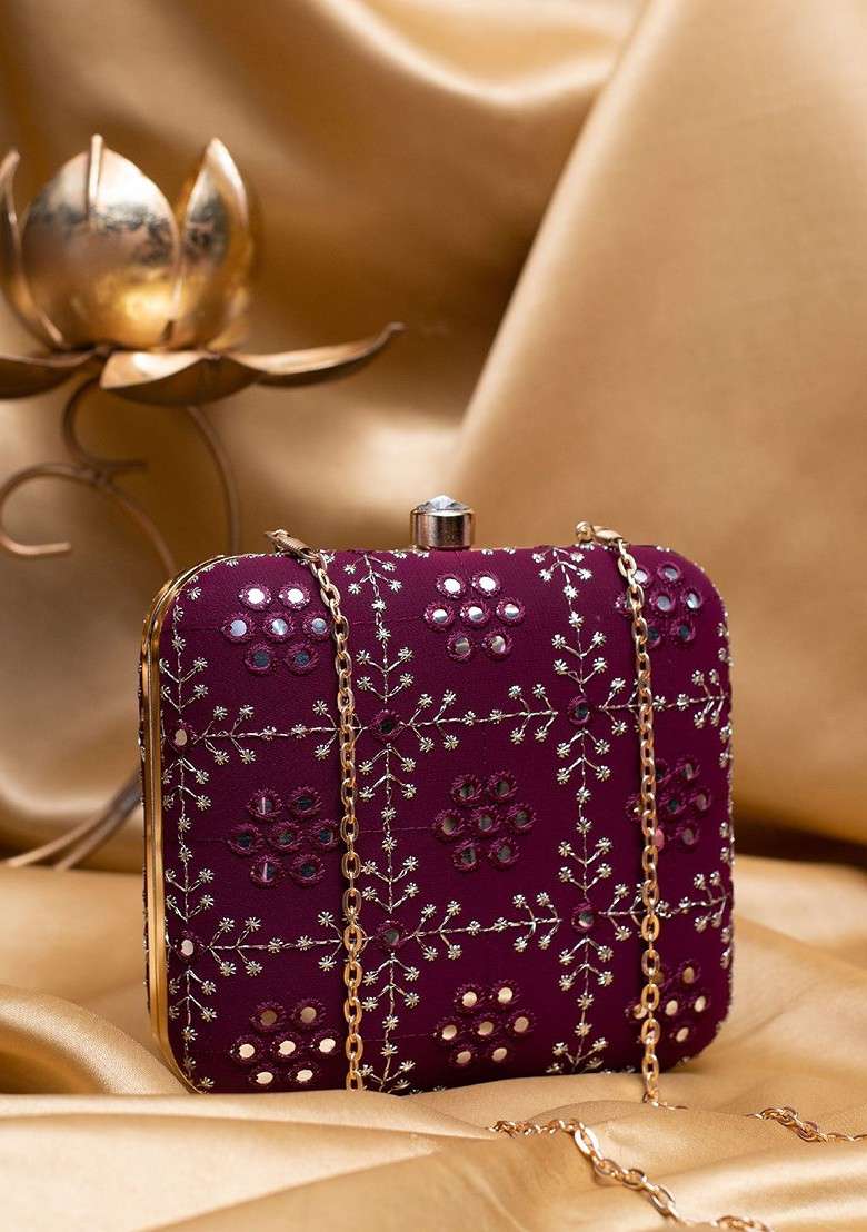 Purple Satin Threadwork Embroidered Box Clutch With Sling Chain - Indya