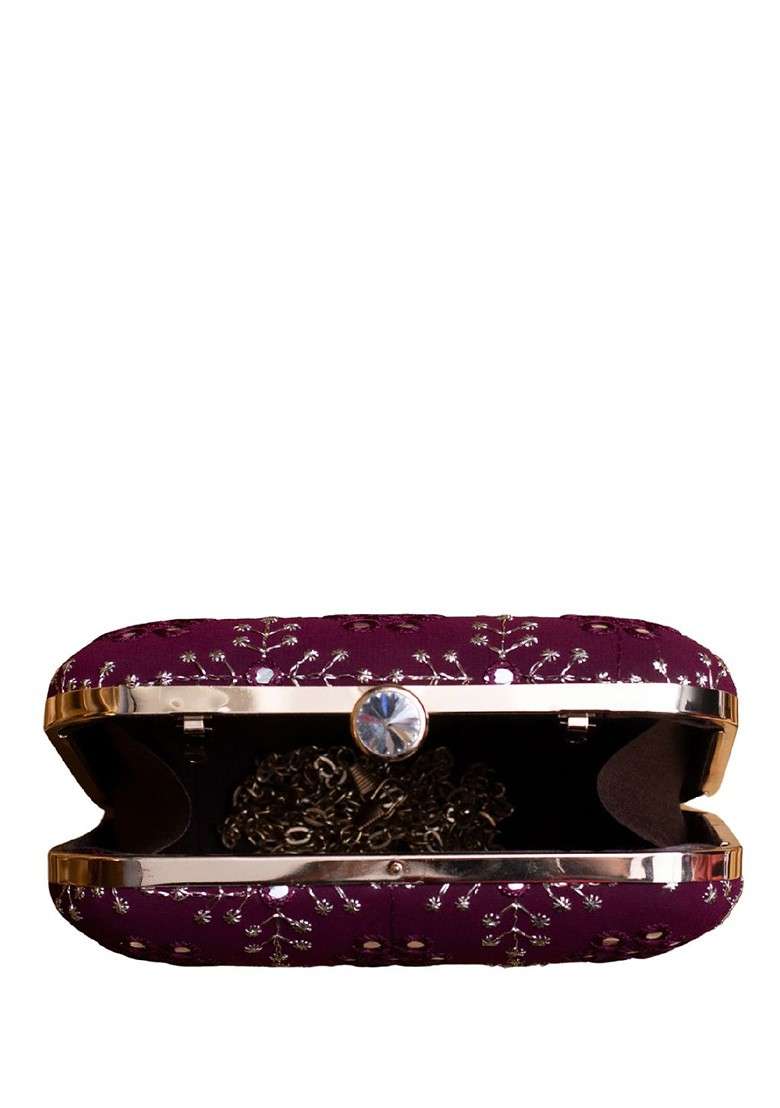Purple Satin Threadwork Embroidered Box Clutch With Sling Chain - Indya