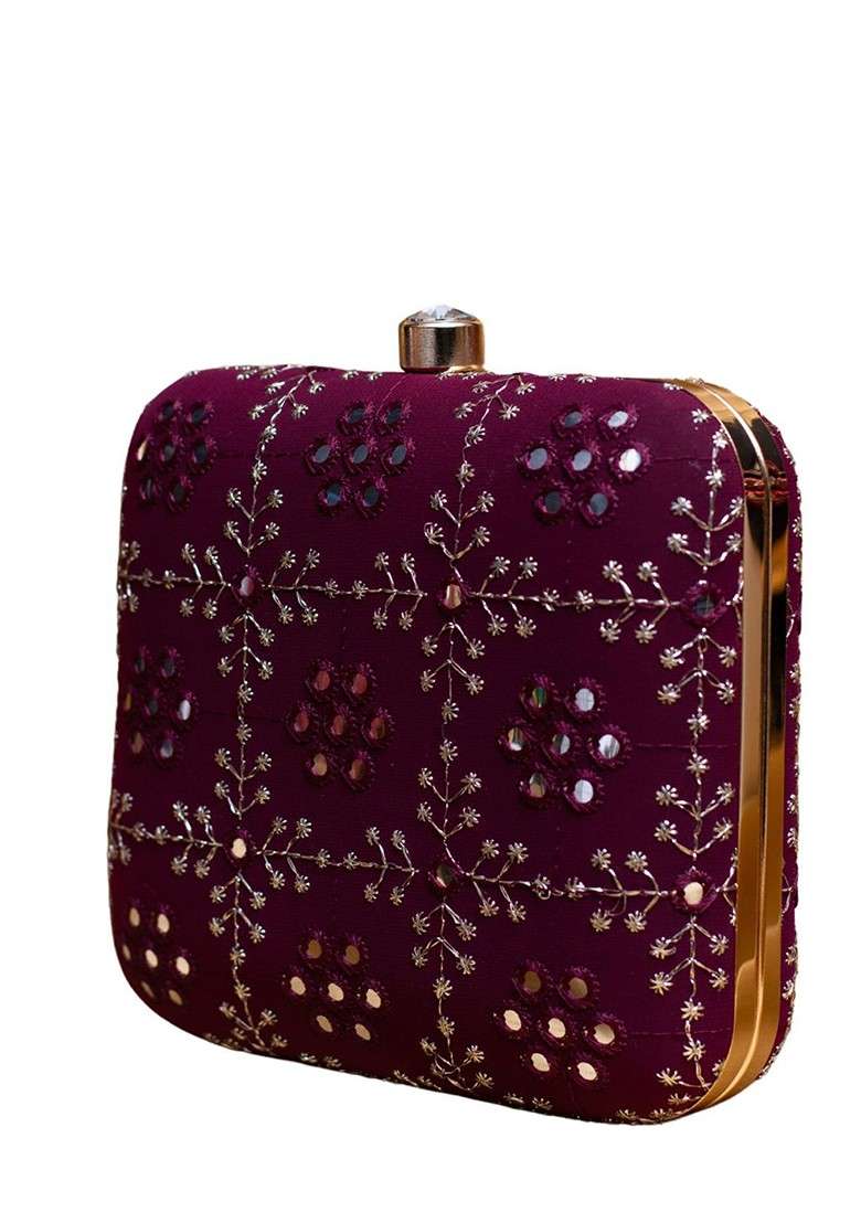 Purple Satin Threadwork Embroidered Box Clutch With Sling Chain - Indya