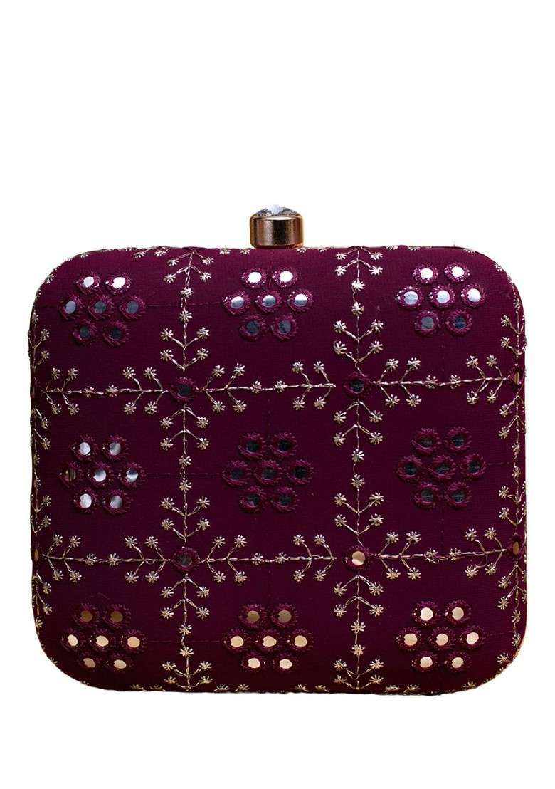 Purple Satin Threadwork Embroidered Box Clutch With Sling Chain - Indya