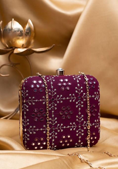Purple Satin Threadwork Embroidered Box Clutch With Sling Chain