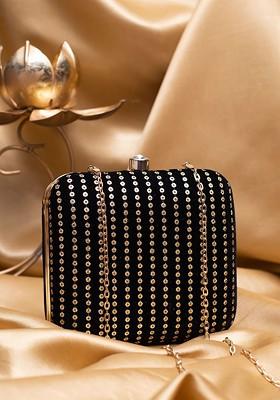 Black Satin Embroidered Sequins Embellished Box Clutch With Sling Chain