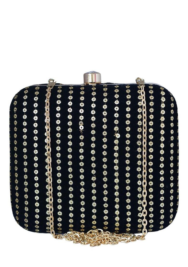 Black Satin Embroidered Sequins Embellished Box Clutch With Sling Chain - Indya