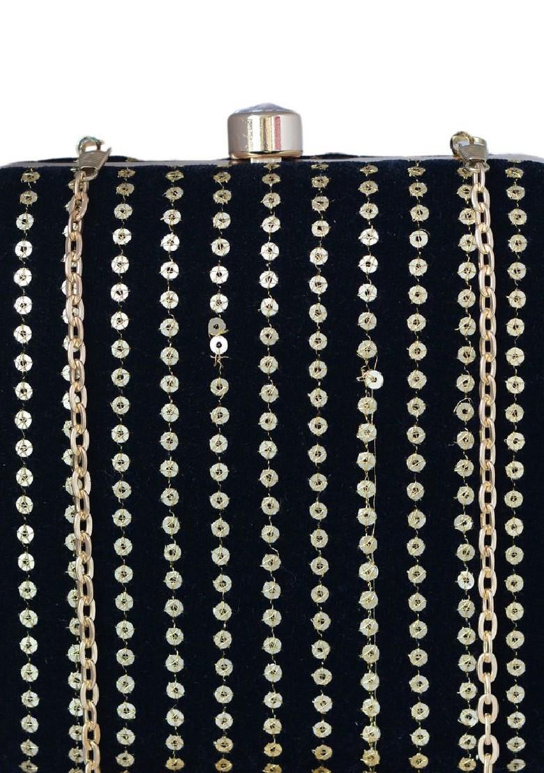 Black Satin Embroidered Sequins Embellished Box Clutch With Sling Chain - Indya
