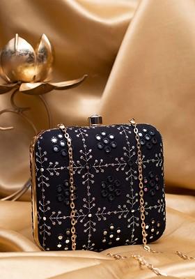 Black Satin Sequins Embroidered Box Clutch