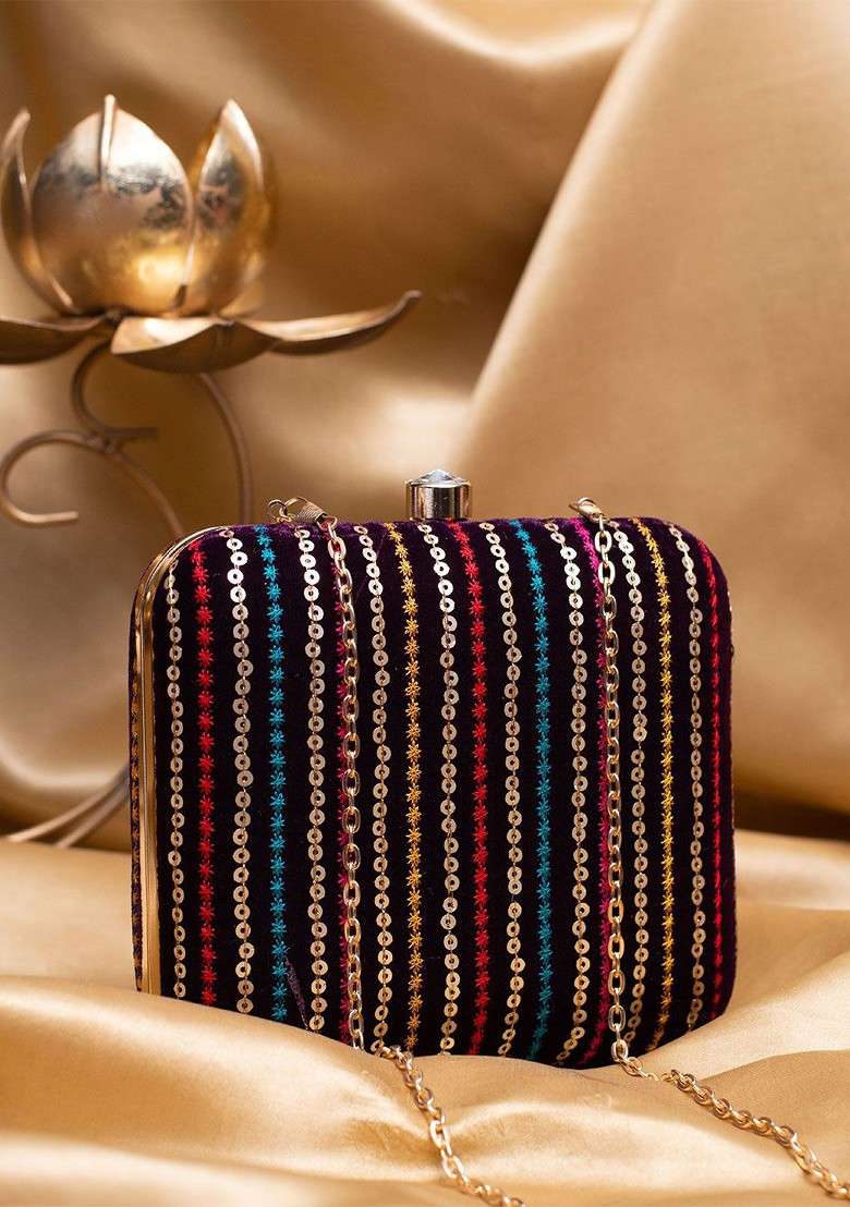 Purple Satin Embroidered Sequins Embellished Box Clutch With Sling Chain - Indya