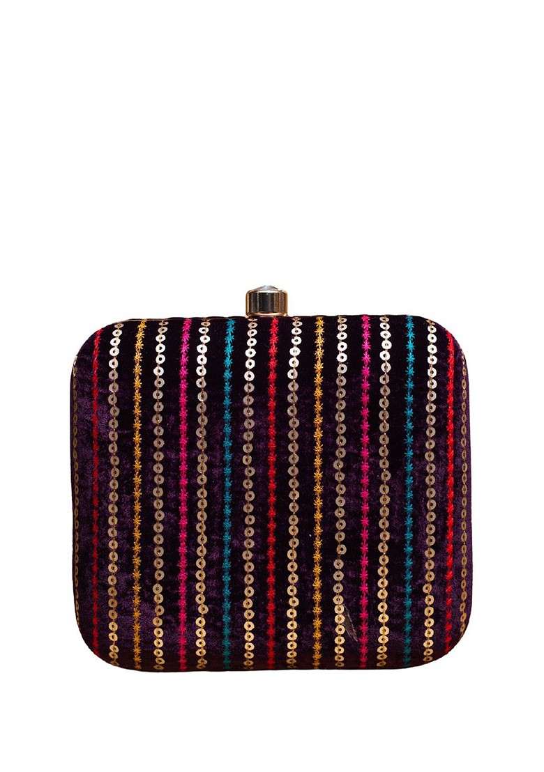 Purple Satin Embroidered Sequins Embellished Box Clutch With Sling Chain - Indya