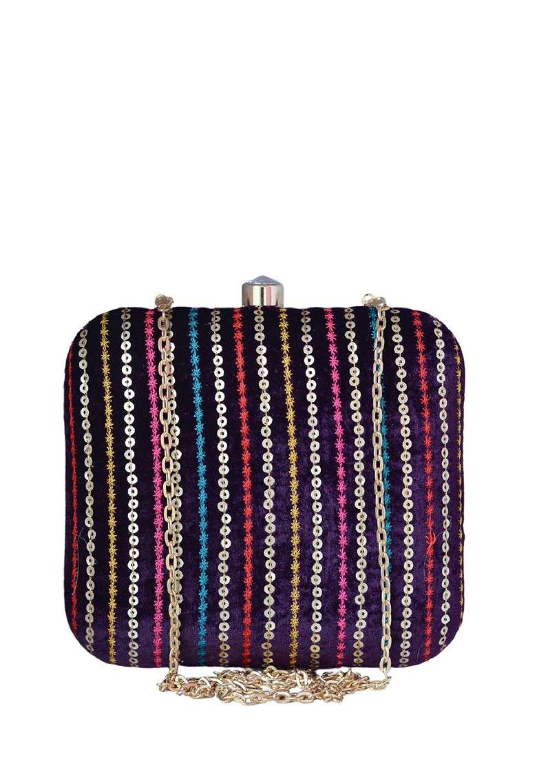Purple Satin Embroidered Sequins Embellished Box Clutch With Sling Chain - Indya